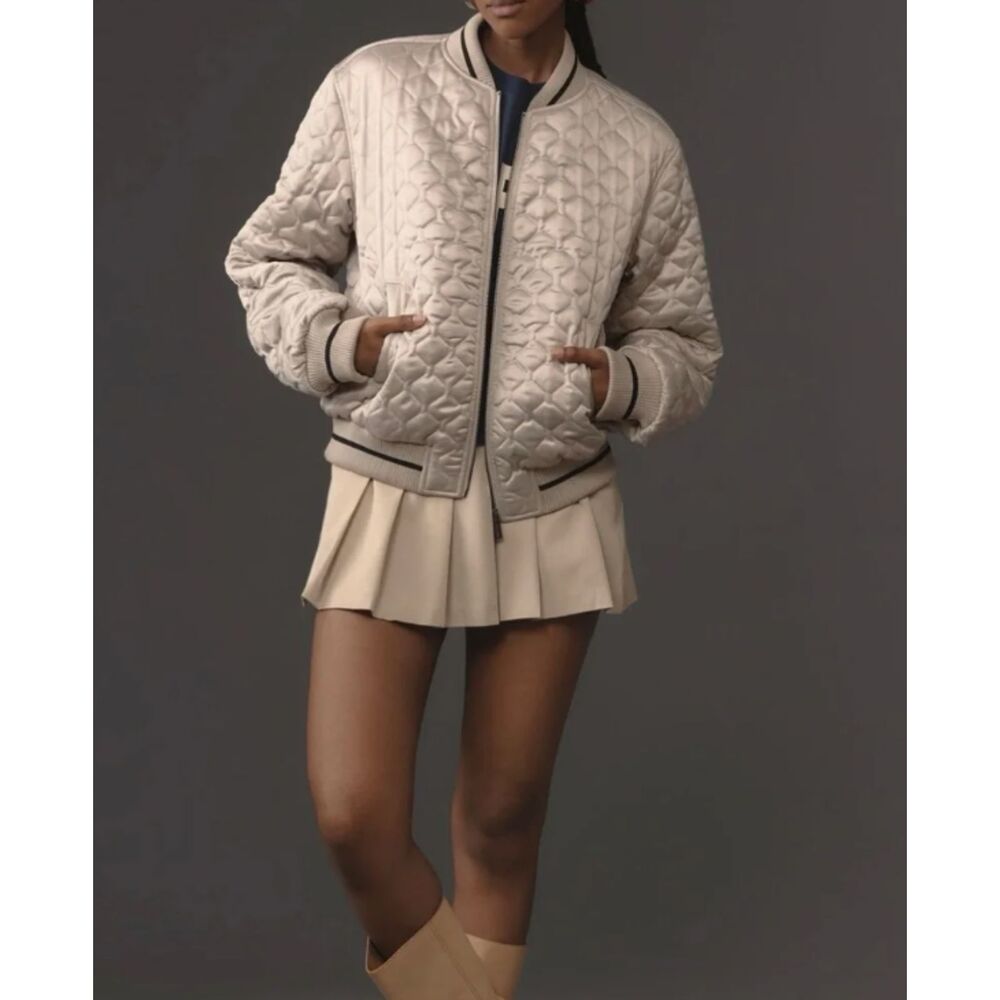 ~ Quilted Satin Med Varsity Bomber Jacket Anthropologie Sanctuary Stretch Retro